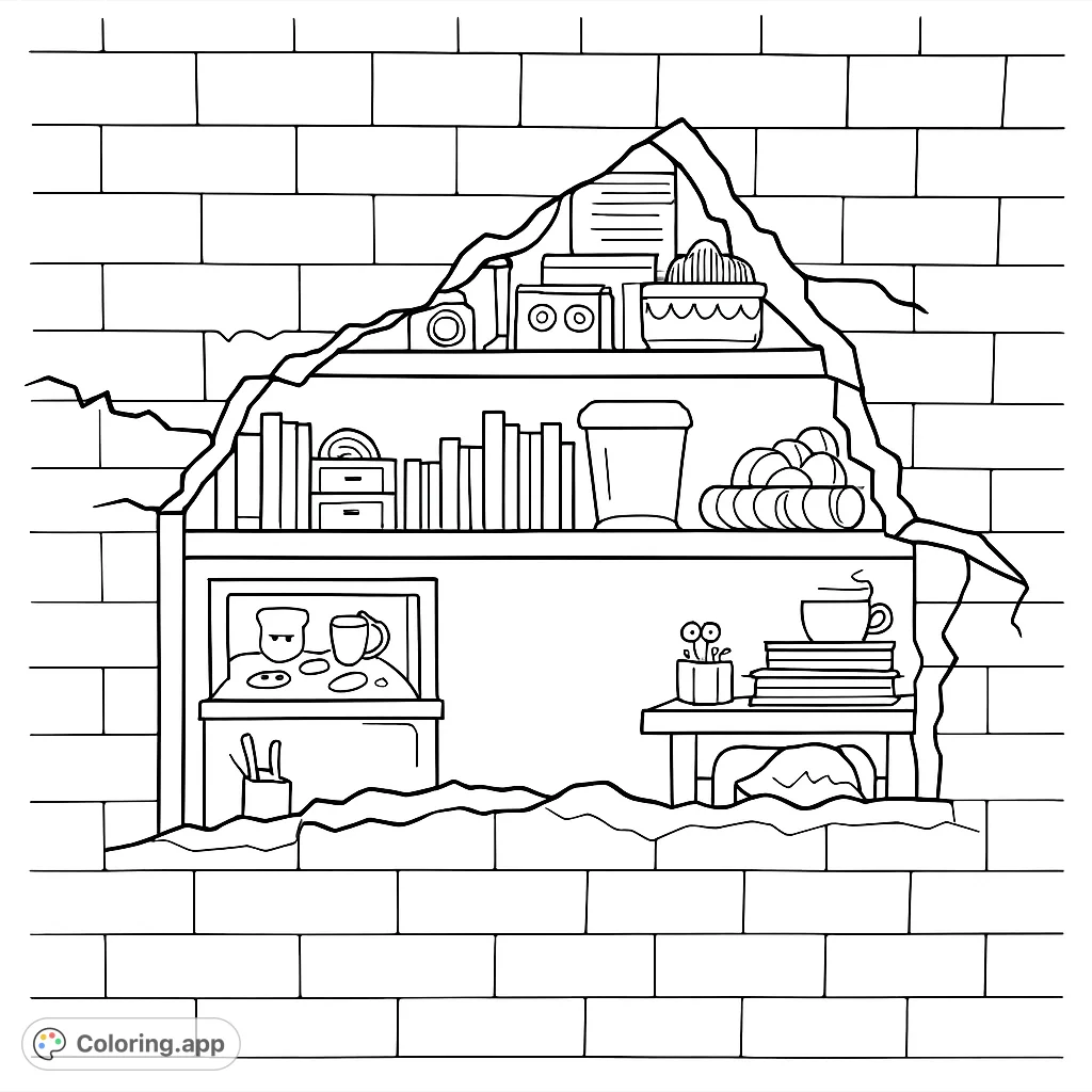 Explore a hidden world through a cracked brick wall, revealing shelves filled with various objects, books, and curious items. A unique architectural coloring page.