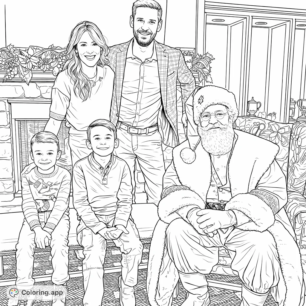 A heartwarming holiday scene featuring a jolly Santa Claus with a smiling family, including two boys, gathered by a festive fireplace, perfect for seasonal coloring.