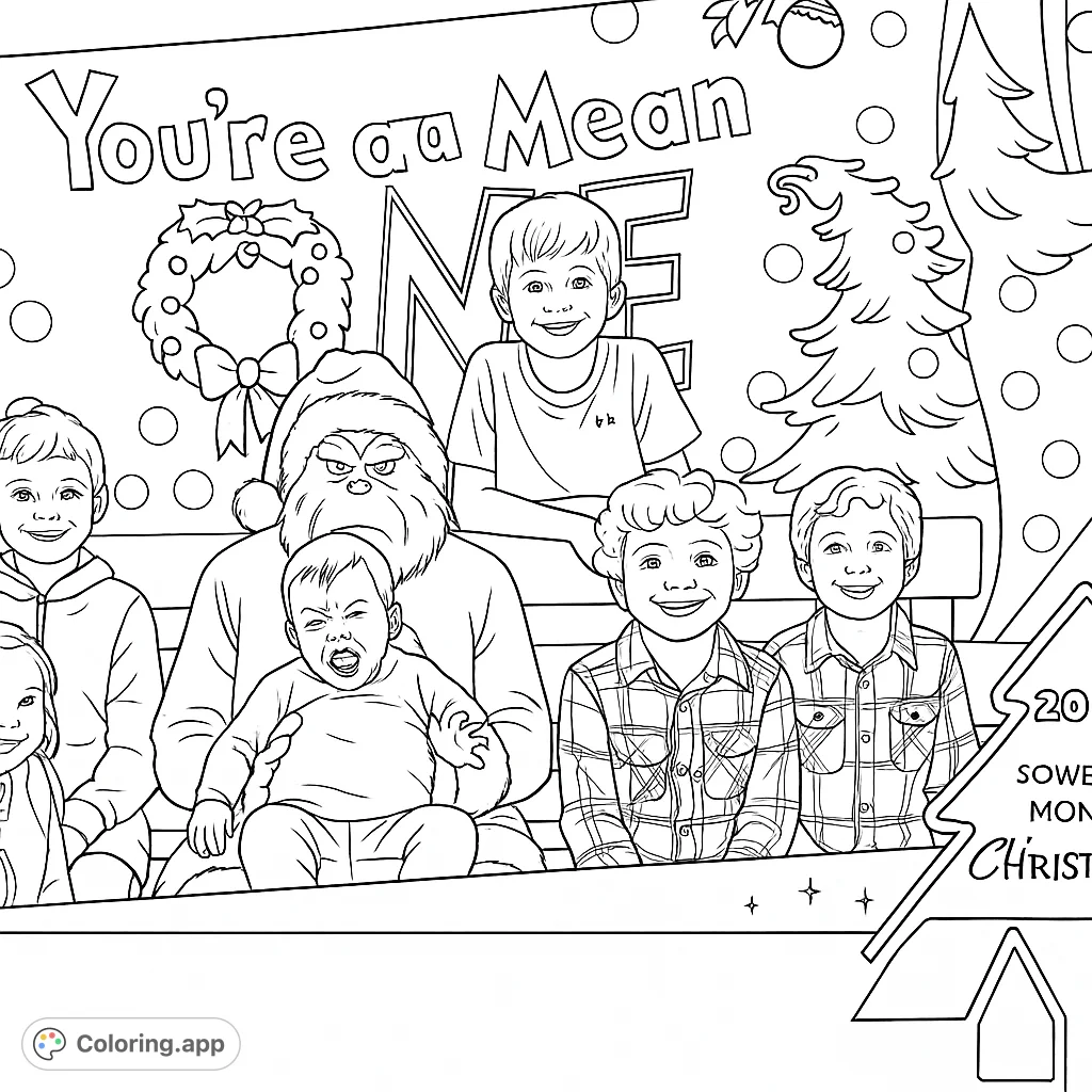 Capture a whimsical holiday scene featuring a beloved character with children on a festive bench against a decorated banner. Perfect for seasonal fun!