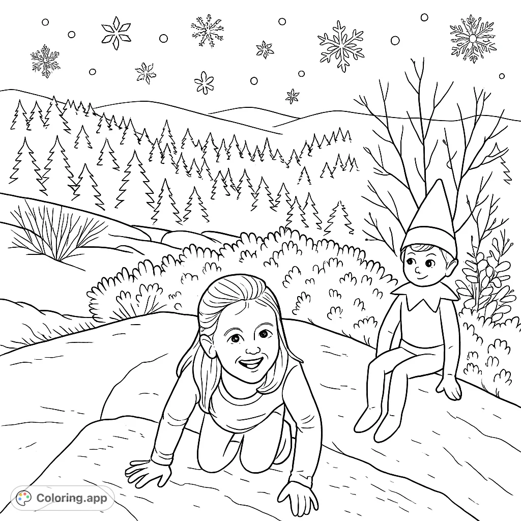 An endearing child and an elf on the shelf enjoy a scenic mountain vista, complete with textured rocks and a winter wonderland background, ready for coloring.