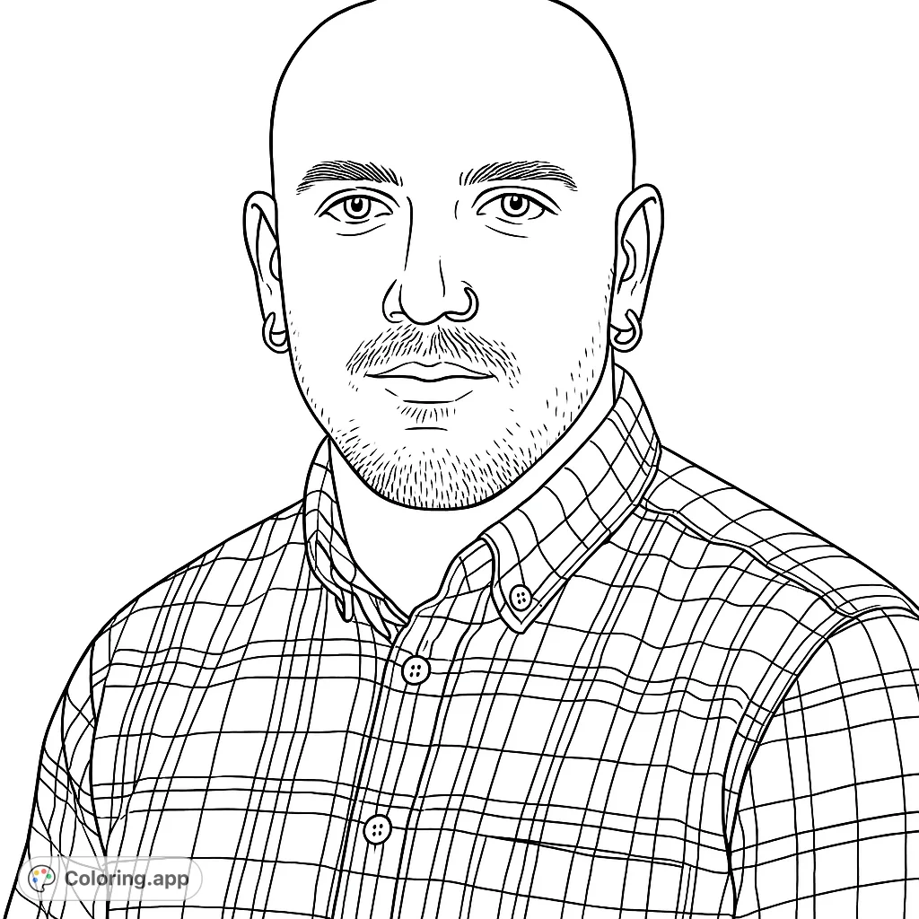 Color a detailed portrait of a modern man with a bald head, facial hair, and piercings, wearing an intricately patterned plaid shirt. Perfect for adult colorists.