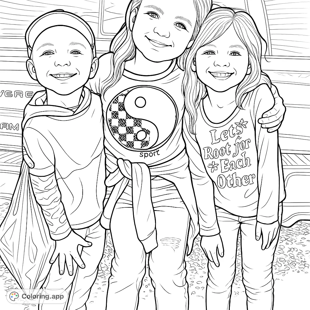 A heartwarming image of three smiling children posing together, featuring a boy with a grocery bag and two girls in a joyful embrace.