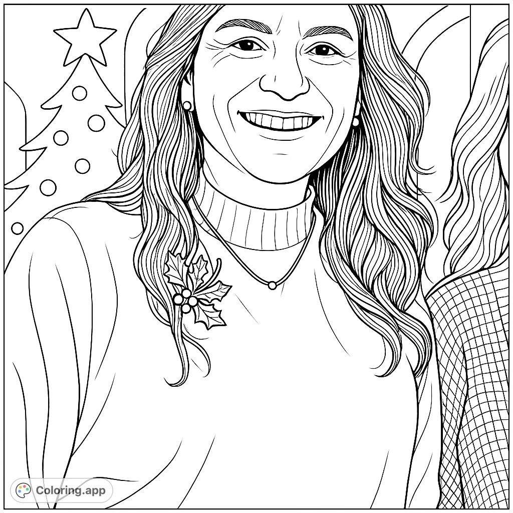 A cheerful christmas coloring page featuring a smiling woman with flowing hair and festive details. Perfect free printable coloring page for joy and relaxation.