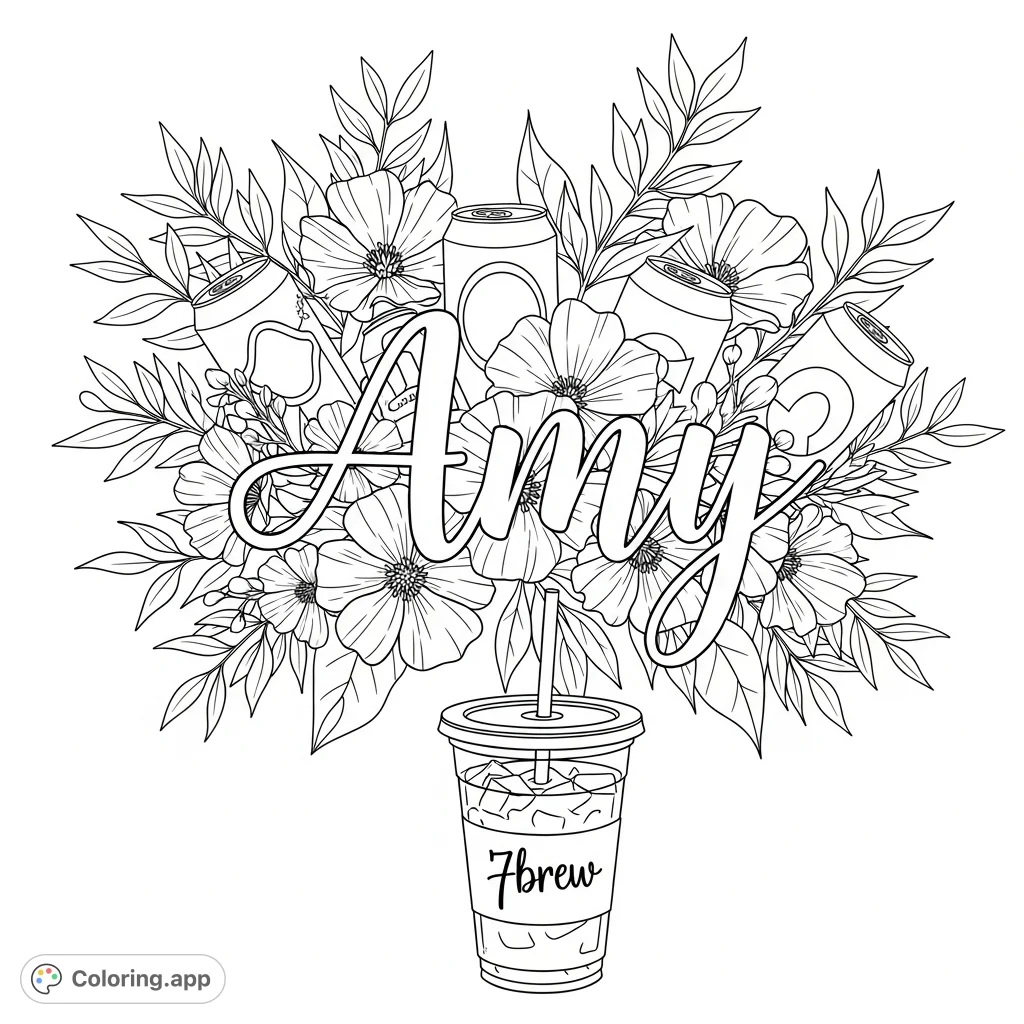 A unique coloring page featuring the name 'Amy' surrounded by a lovely floral arrangement, Dr. Pepper cans, and a 7brew iced coffee, perfect for customization.