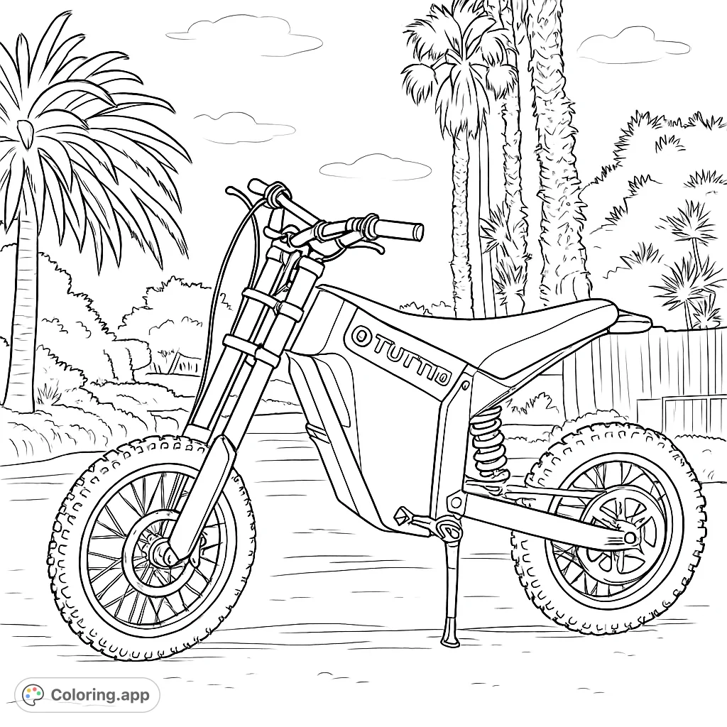 Color a rugged off-road motorcycle set against a backdrop of towering palm trees and a vast sky. Explore intricate mechanical details and natural surroundings.