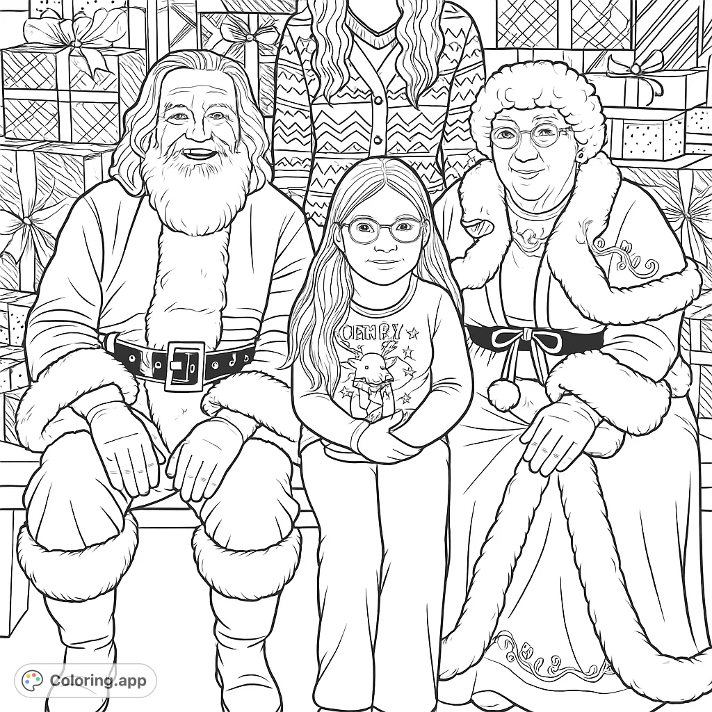 Capture the festive spirit with Santa, Mrs. Claus, and a joyful child surrounded by presents.