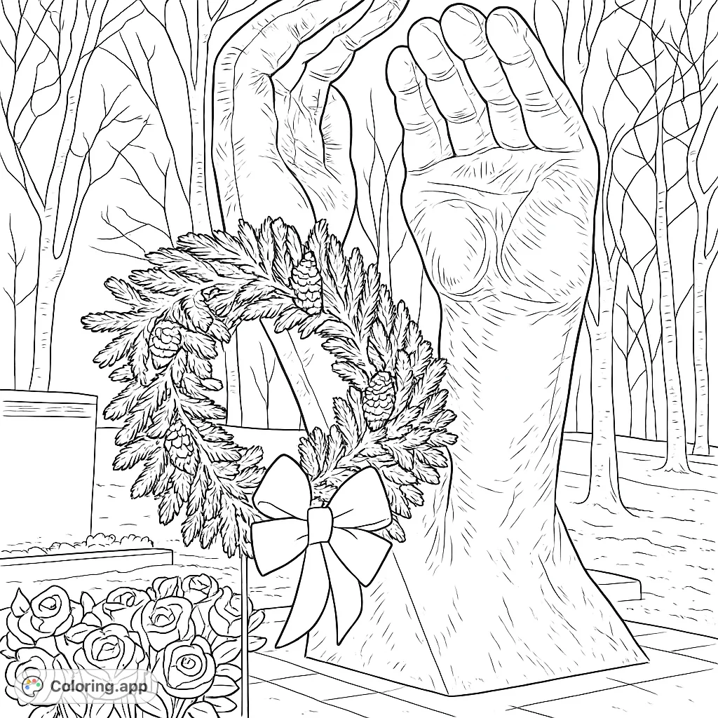 A powerful monument of reaching hands adorned with a festive wreath and roses, set in a winter landscape. A solemn and beautiful coloring page.