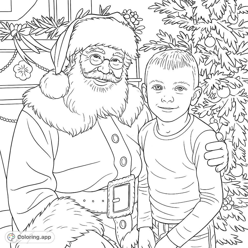 Capture the magic of the holidays with Santa and a happy child. This festive scene features a smiling Santa, a boy, a decorated tree, and a cozy fireplace.