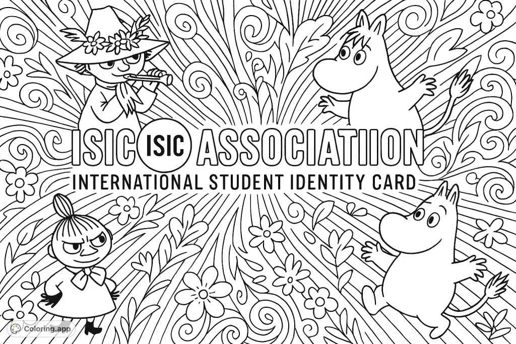 Dive into a detailed ISIC Association coloring page featuring intricate patterned text and playful Moomin characters amidst dynamic lines. A free printable for creative minds!
