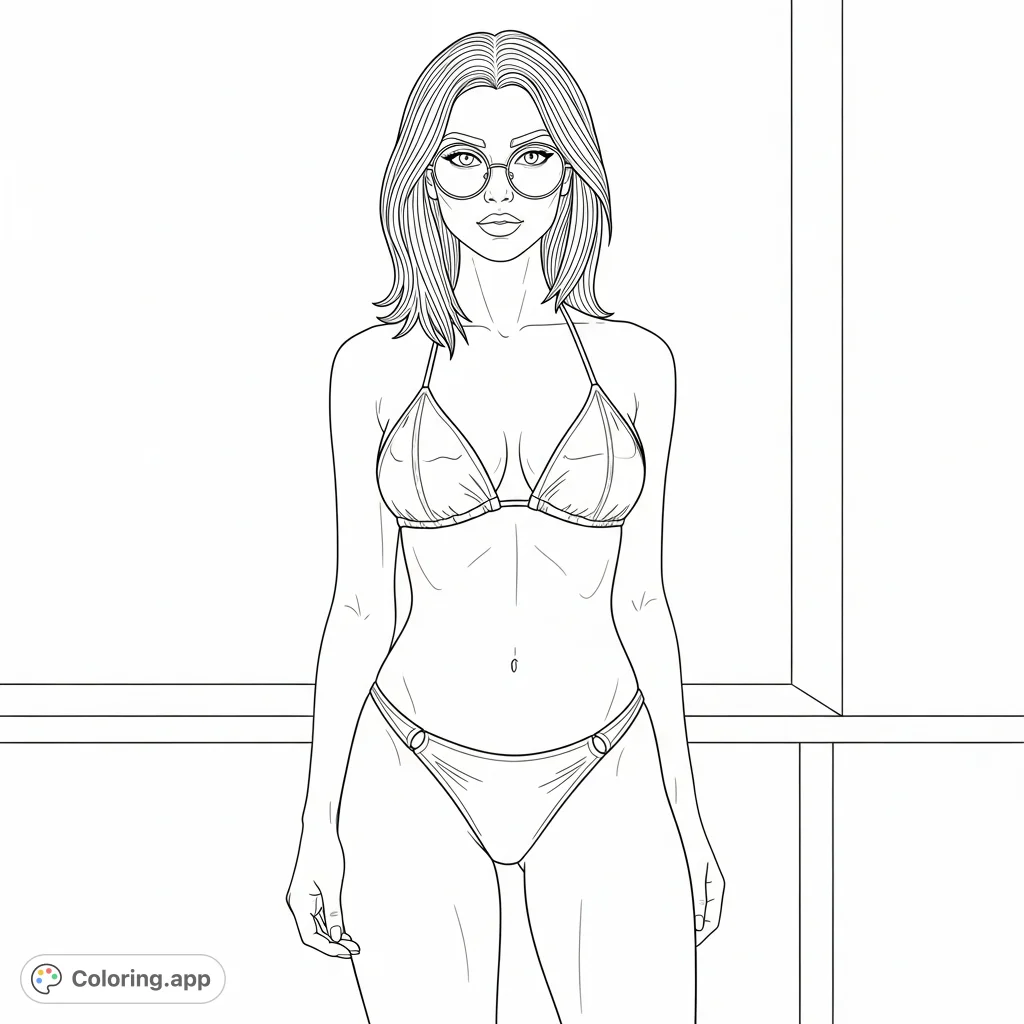 A striking coloring page featuring a confident female figure with medium length hair, round glasses, and a detailed leather bikini. Perfect for adult colorists.