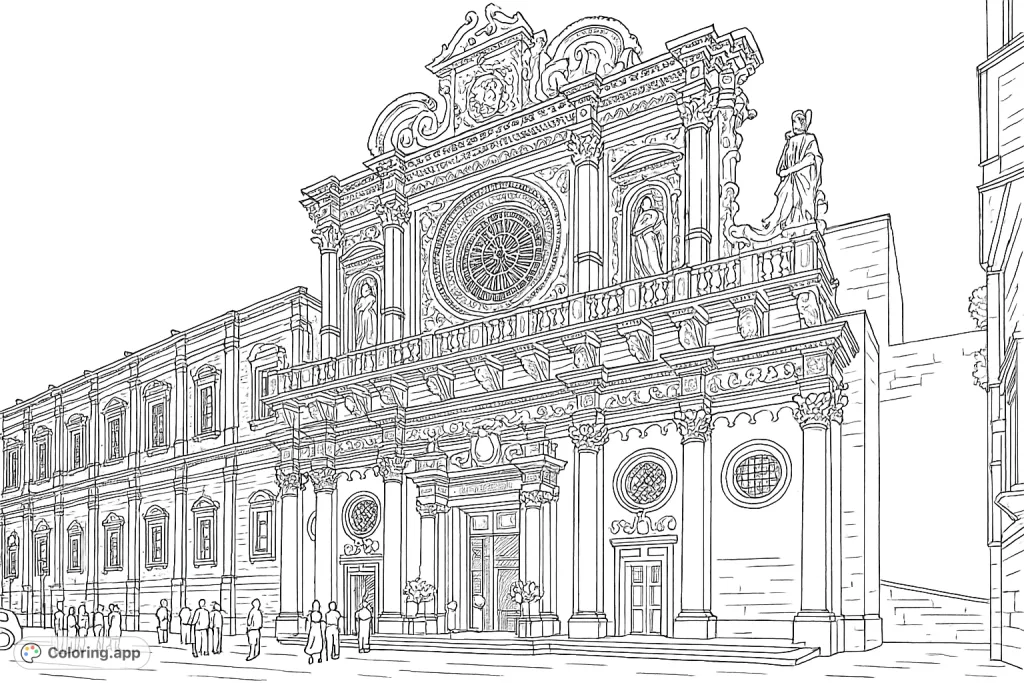 An exquisite Baroque church facade, rich with intricate carvings, detailed sculptures, and towering columns. A challenging and rewarding coloring experience.