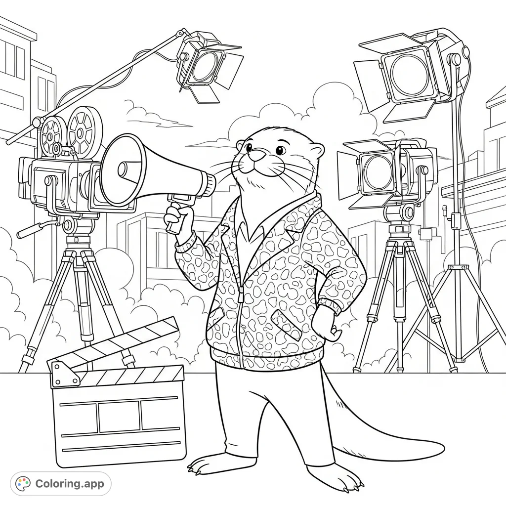 Mr. Otter, a stylish director in an animal print jacket, commands an action movie set with megaphone and clapperboard, ready for filming.