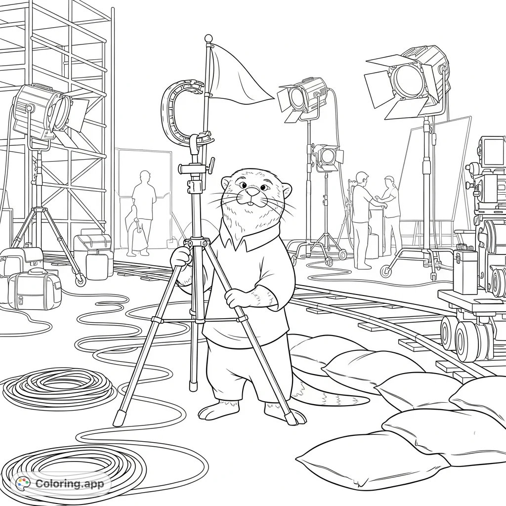 Mr. Otter, the diligent key grip, works on an exciting action movie set, surrounded by film equipment.