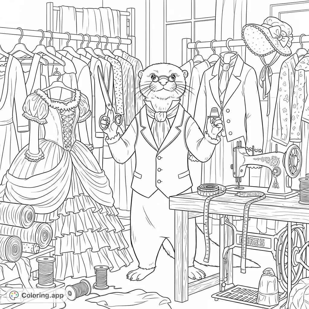 Mr. Otter, a dapper costumer, surrounded by exquisite 19th-century garments and tailoring tools in a bustling movie set workshop, ready for your creative touch.