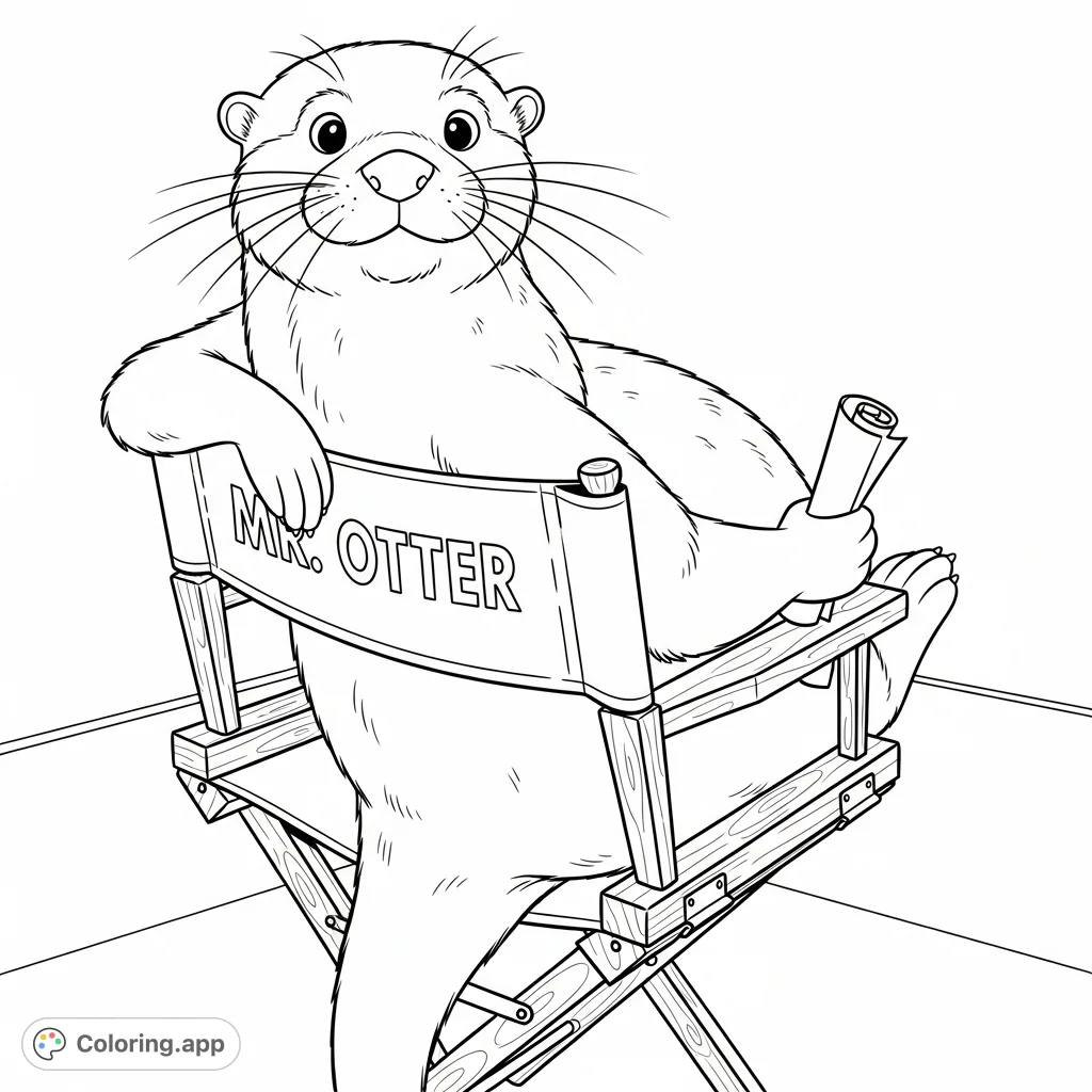 Mr. Otter, the charming director, sits confidently in his chair from an over-the-shoulder view, a script in paw.