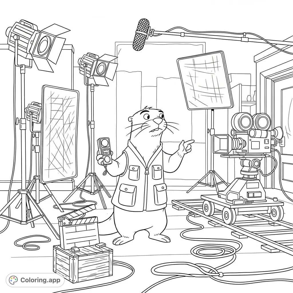 Join Mr. Otter, the director of photography, as he meticulously examines lighting on a bustling movie set, surrounded by detailed film equipment.