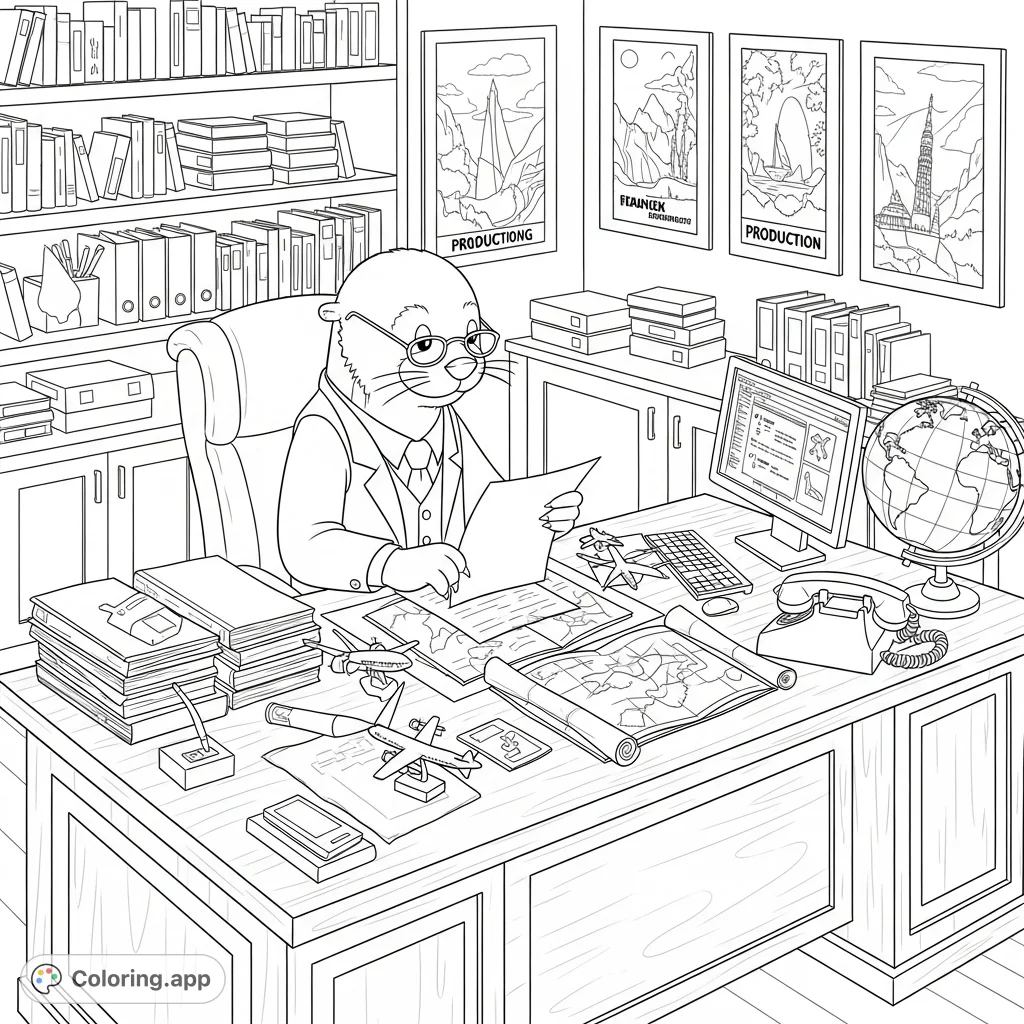 Mr. Otter, an industrious animal, plans intricate travel itineraries for actors from his busy production office.