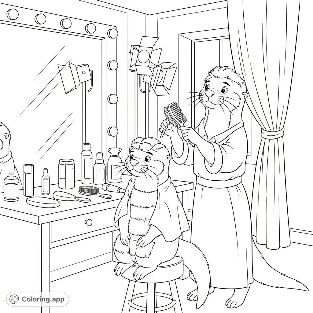 Join Mrs. Otter as she expertly styles another otter's fur in a charming backstage setting, complete with vanity and styling tools.