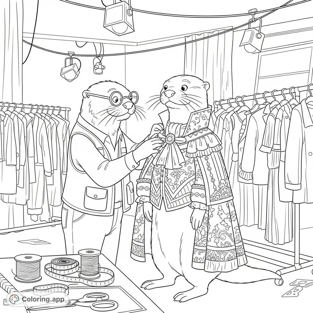 A charming scene of Mr. Otter, an onset costumer, meticulously adjusting another otter's elaborate costume on a busy film set.