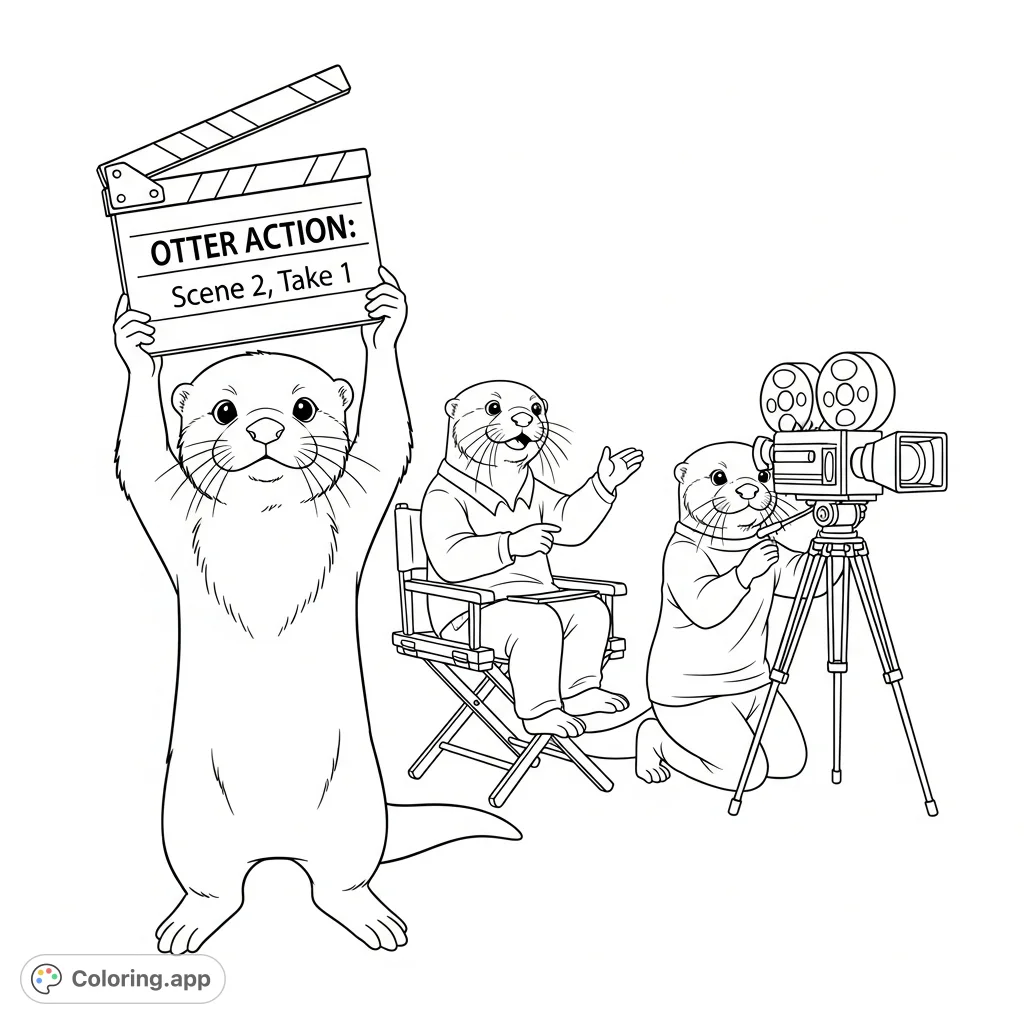 Dive into the world of film with a playful otter crew! A young otter holds the clapperboard, while the director and camera otter get ready for action.