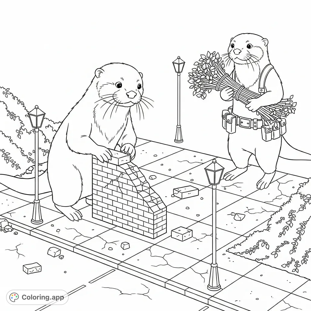 A charming coloring page depicting two diligent otters constructing a detailed miniature urban street set, complete with tiny lampposts, crumbling walls, and vines.