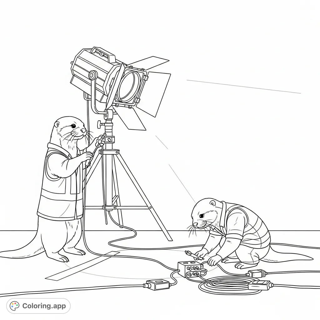 Delightful otters work diligently as a studio gaffer adjusts a powerful light and an electrician checks cables. A fun and whimsical scene for all ages.