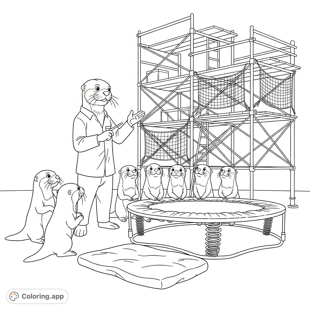 Join a brave otter stunt coordinator as he teaches complex jump sequences to his team, complete with miniature trampolines and safety nets. A fun, detailed scene!