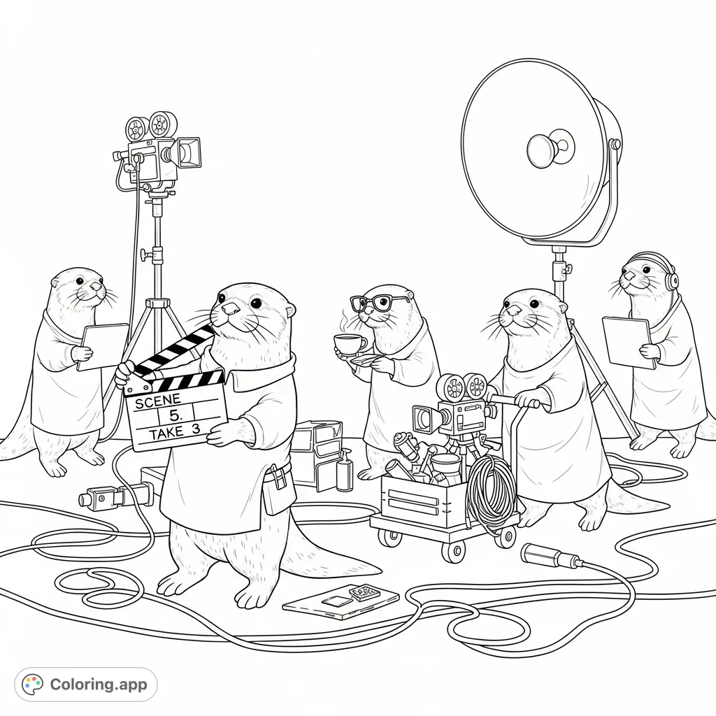 Dive into the playful chaos of a film set starring busy otters! Featuring a clapperboard, props, and cables, this scene brings movie magic to life.