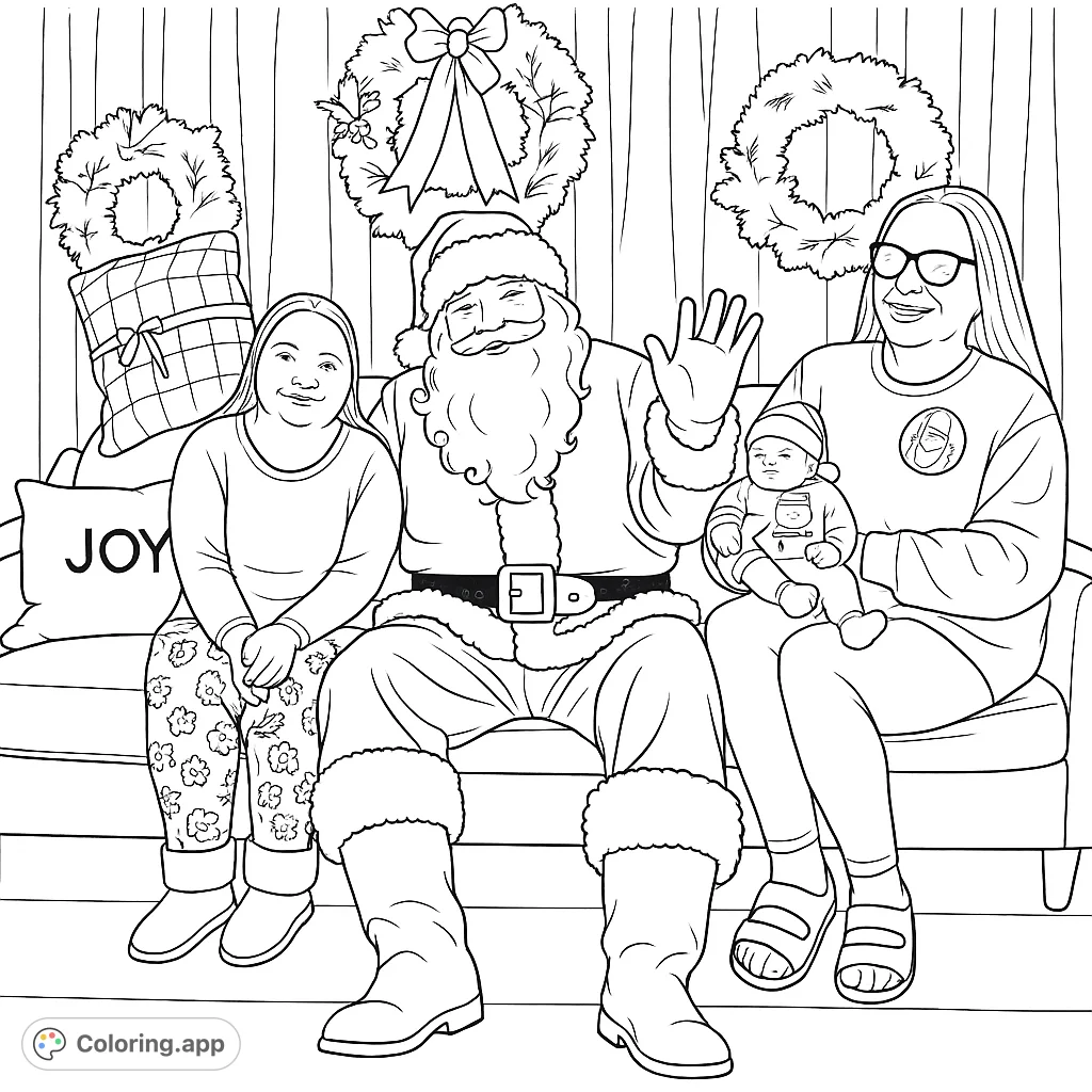 A festive Santa Claus, a young girl, a woman, and a baby gather on a sofa amidst holiday decor for a joyful seasonal moment.