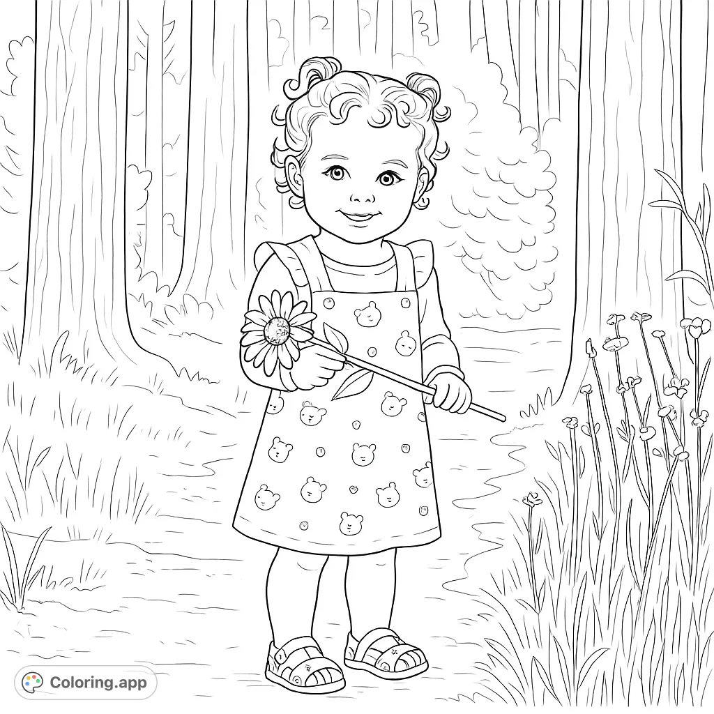 A delightful forest coloring page featuring a smiling child holding a beautiful sunflower on a wooded path. Perfect for nature-loving kids and peaceful coloring.
