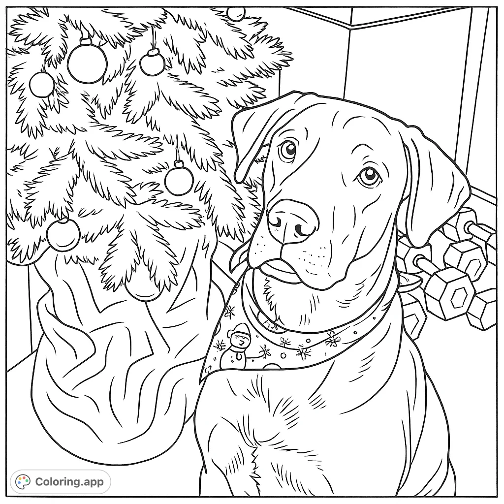 A charming dog wearing a patterned bandana sits beside a decorated festive tree with ornaments and a draped tree skirt. Perfect for holiday coloring fun!