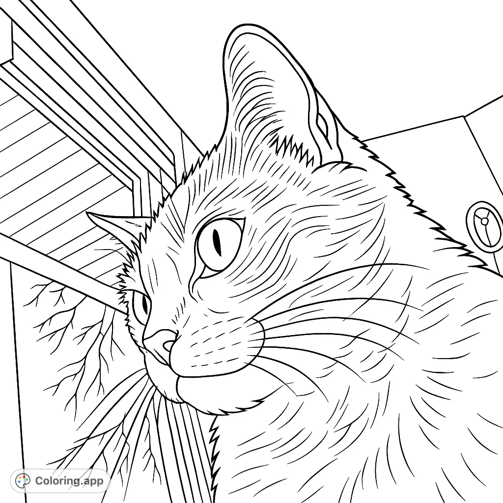 Color a charming cat gazing thoughtfully out a window, with bare tree branches visible against the sky. A delightful scene for animal lovers.