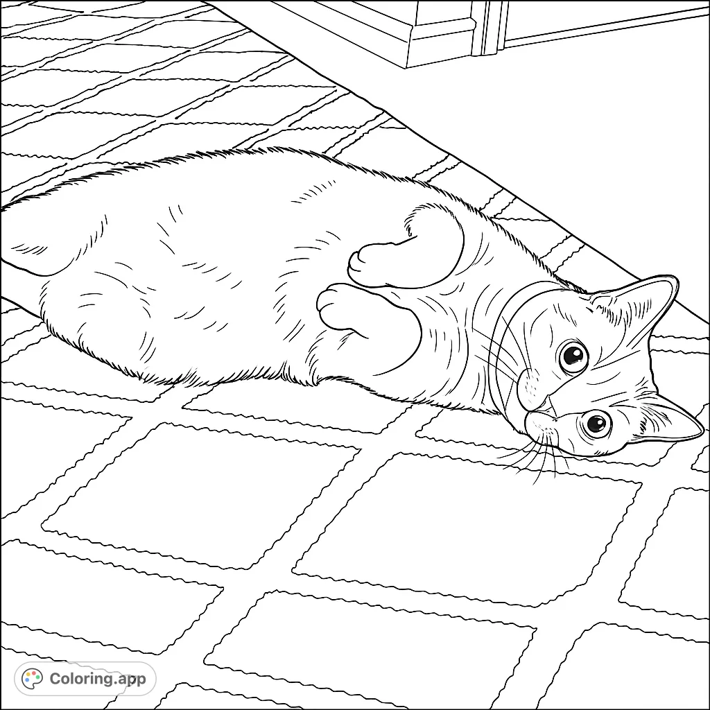 A fluffy cat relaxes on a patterned rug, paws curled and belly exposed, gazing playfully. A delightful cat coloring page for all ages.