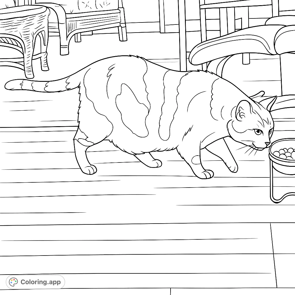 A charming coloring page featuring a curious cat investigating its food bowl, set in a cozy indoor scene with detailed furniture and floor textures.