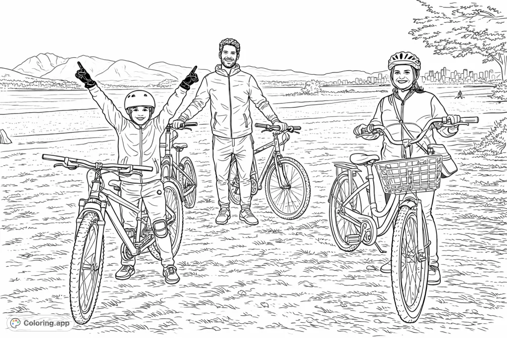 A joyous family enjoys a bike ride by the water, with mountains and a city skyline in the background. This engaging activity is perfect for family fun.
