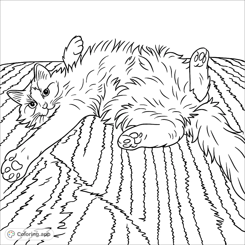 A super fluffy cat relaxes on its back, paws curled and stretched on a striped blanket. Perfect for cat lovers to add their favorite hues and patterns!
