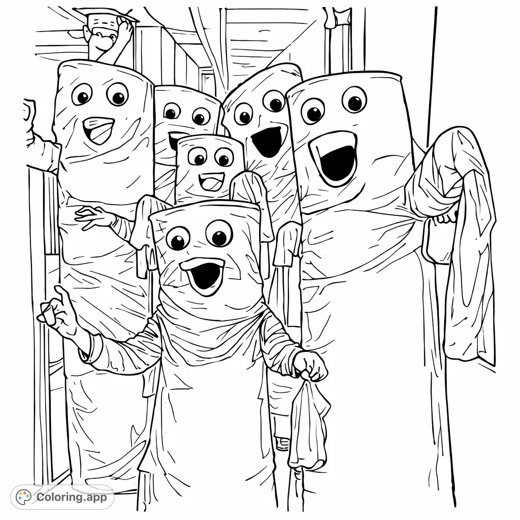 A fun, energetic coloring page featuring multiple whimsical inflatable tube figures with expressive faces and waving arms, set in a lively indoor environment.