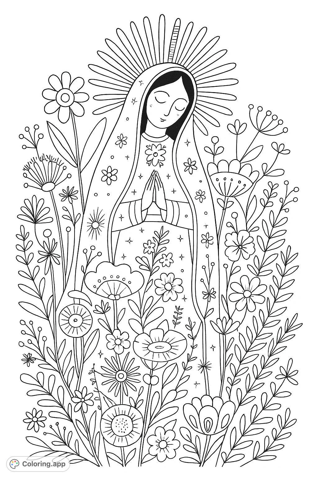 A serene, prayerful figure surrounded by an abundance of intricate, stylized floral patterns and radiating light, offering a detailed and meditative coloring experience.