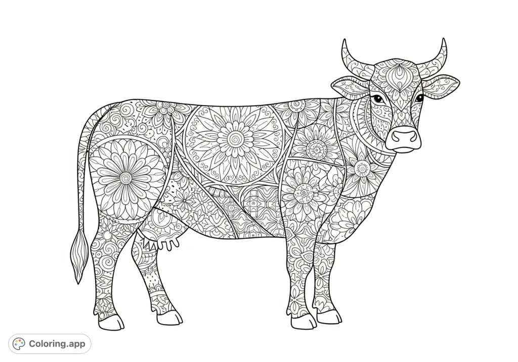 A detailed cow adorned with intricate mandala patterns, offering a unique blend of farm animal charm and meditative design with 41 coloring sections.