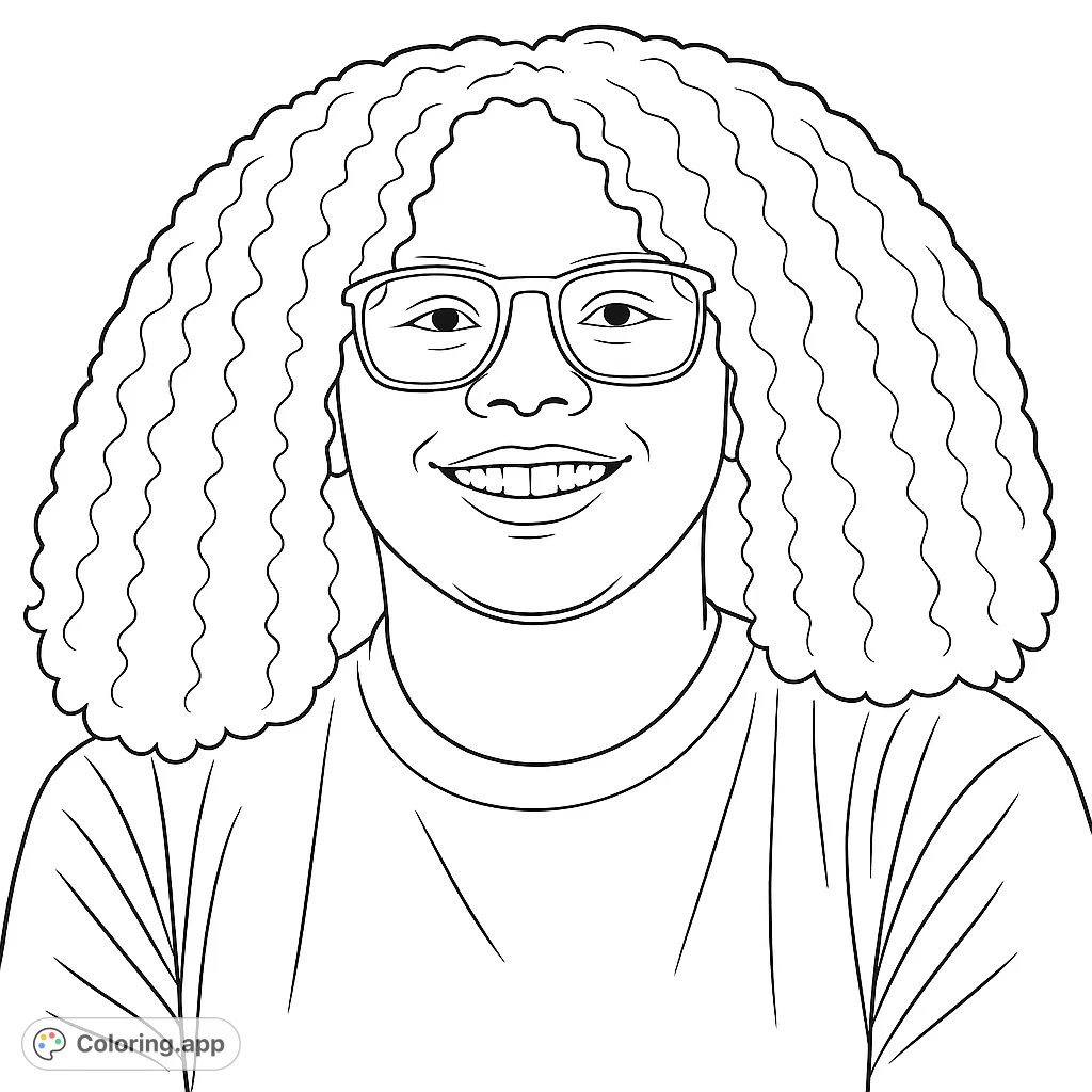 A captivating portrait coloring page featuring a person with voluminous curly hair and glasses, offering a delightful canvas for personal expression and creative coloring.