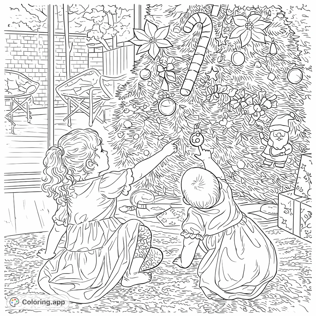 A heartwarming Christmas scene with two children decorating a festive tree, surrounded by ornaments and presents. Perfect for holiday coloring fun.