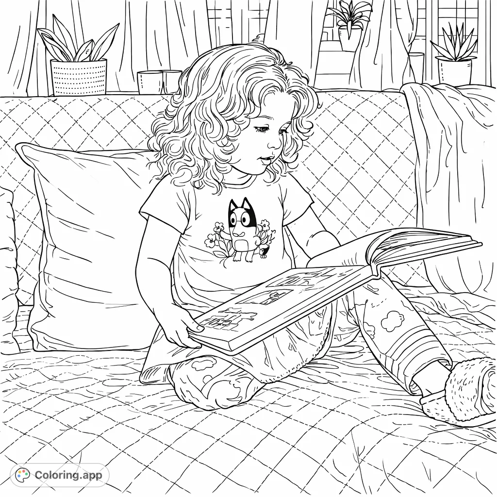 A heartwarming cozy child reading storybook coloring page. Features a young reader engrossed in a book on a quilted couch, surrounded by home comforts.