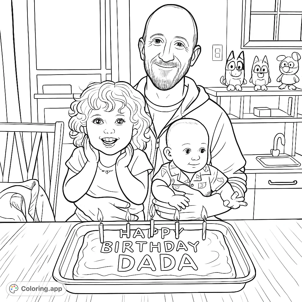 A heartwarming family birthday coloring page featuring a dad and his two children celebrating with a cake and candles. Perfect for capturing special moments.