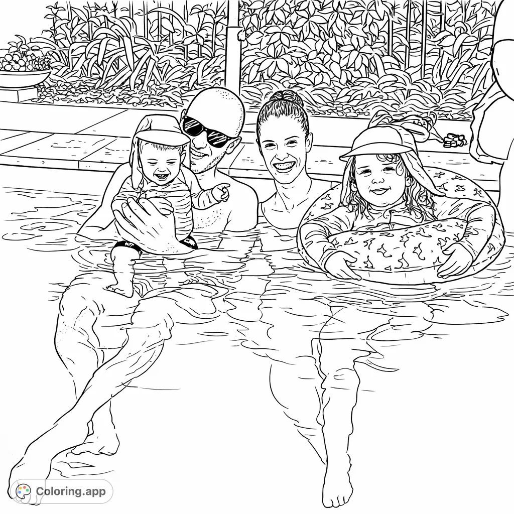 Capture a heartwarming family moment at the pool! Featuring two adults and two children enjoying a swim, this free printable coloring page is perfect for all ages.
