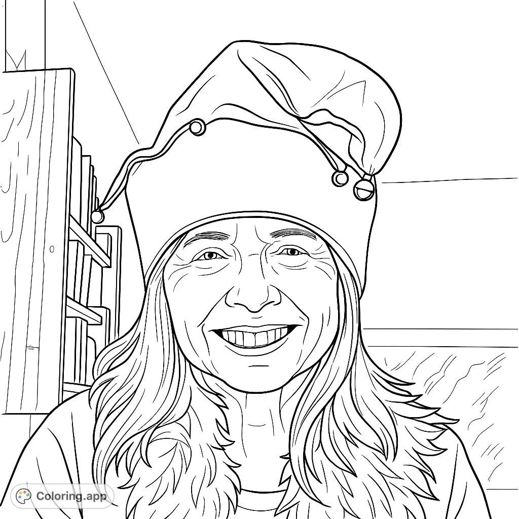 Unleash your creativity with this festive elf hat coloring page, featuring a cheerful person in a whimsical hat and a fluffy boa. Perfect for holiday fun!