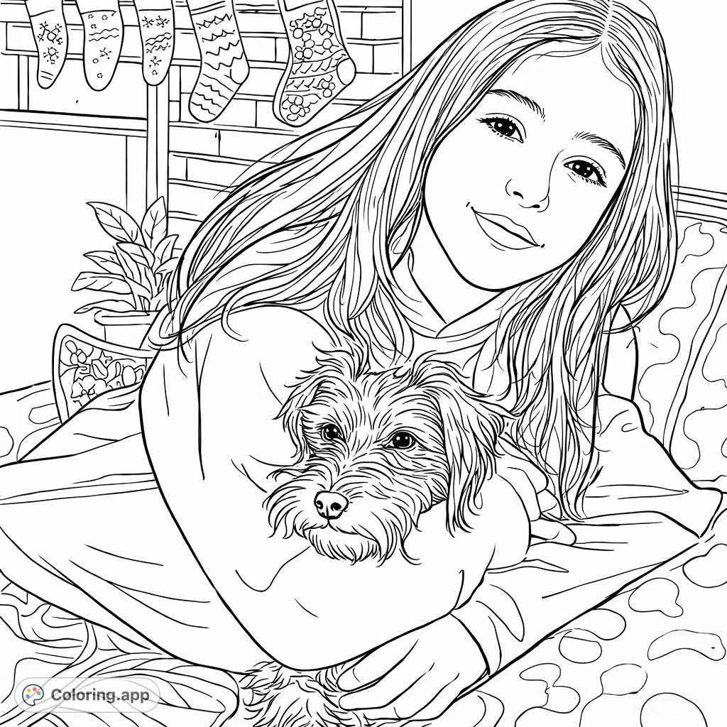 A heartwarming scene of a young person cuddling a furry puppy on a cozy sofa, with festive holiday decorations in the background. A sweet companion coloring page.