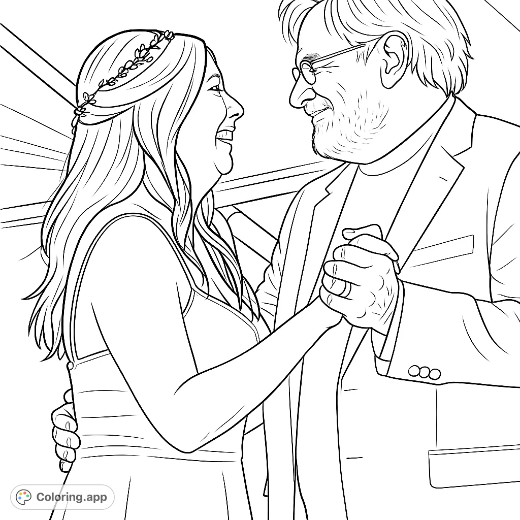 Capture a heartwarming wedding dance between a happy couple. This printable coloring page features intricate details of their joyful embrace, perfect for celebrating love.