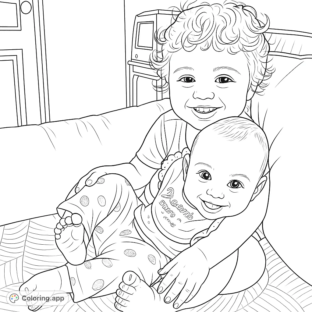 Capture the heartwarming bond of two smiling siblings, an older child gently holding a baby, ready for your creative touch. A touching scene for all ages.