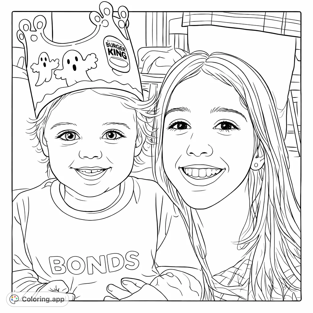 A heartwarming scene featuring two smiling siblings, one wearing a fun Halloween crown, ready for a creative coloring adventure. Perfect for family fun!