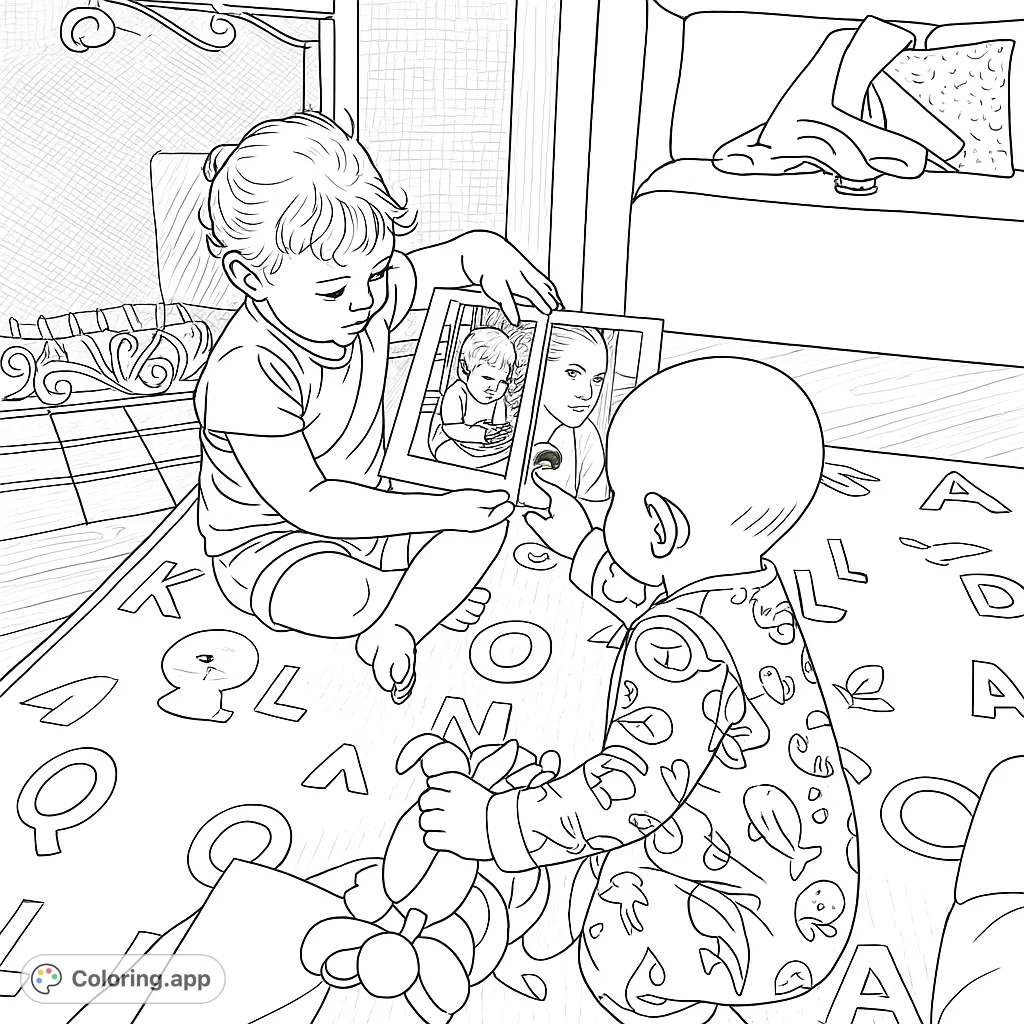 Two toddlers share a sweet moment on a playmat, exploring a photo book together. A charming scene for little ones to color, fostering creativity.